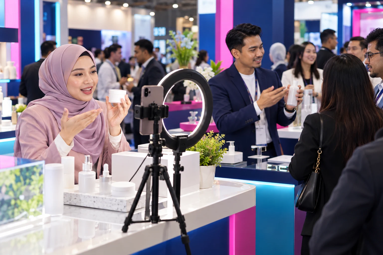 Gambaran konsep creator mendemonstrasikan produk melalui LIVE di ruang expo